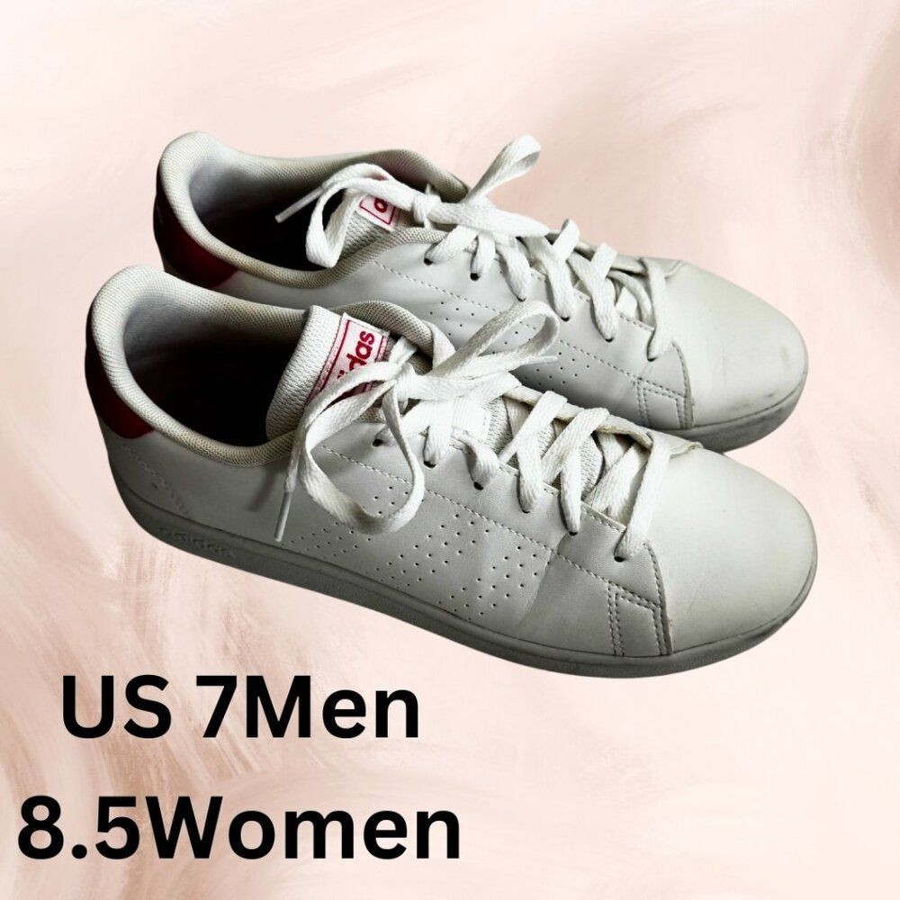 White Adidas Advantage Sneakers with Pink Accents (US Womens 8.5 / Mens 7)